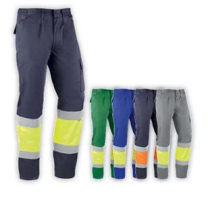 Pantalon multibolsillo con bandas reflectantes. Dispone de dos bolsillos superiores, dos traseros con velcro y tapeta y uno lateral, cierre de cremallera y botón a presión, cintura con elásticos laterales. Disponibles en varios colores y múltiples tallas.